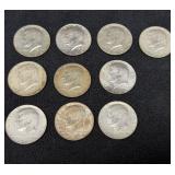 Ten 10 Kennedy Half Dollars 1965-1969