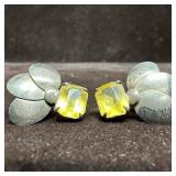 Faux Yellow Stone Sterling Silver Leaf Motif Earri