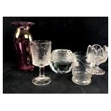 Assorted Glasses, Vase, Candleholders