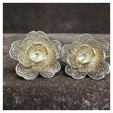 Silverwork Filigree Floral Earrings Screw Back Cli