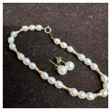 14K Gold Pearl Necklace and Matching Pearl Stud Ea