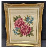 Vintage Framed Pair Of Roses Needlepoint Completed