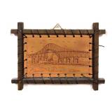 Signed Leather Engraving With Wood Frame