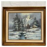 Oil on Canvas Winter Mountain Cabin Landscape Sign