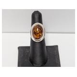 .925 Sterling Lg Oval Amber Cabochon Ring Sz 6