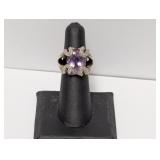.925 Sterling Purple Stone & Diam Ring Sz 7