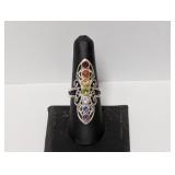 .925 Sterl Elongated Multi Gemstone Ring Sz 8