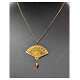 16" Vtg Rolled Gold Fan Pendant Necklace w/Tassel