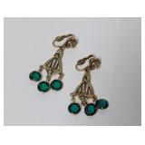 Gold Tone Green Stone Clip On Dangle Earrings