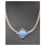 14-16" Vtg Silver Tone Necklace w/Blue Gemstone