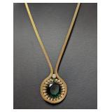 22" Vtg Gold Tone Necklace w/Green Teardrop Pend