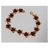 7" Vtg Red Rose & Gold Leaf Bracelet