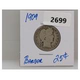 1909 90% Silv Barber Quarter