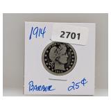 1914 90% Silv Barber Quarter