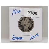 1914 90% Silv Barber Quarter