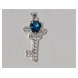 .925 Sterling Key Style Blue Stone Pendant