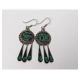.925 Sterling Malachite & Onyx Dangle Earrings
