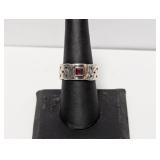.925 Sterling Red Stone Ring W Braided Detail Sz 8