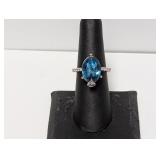 .925 Sterling Blue Stone Ring CZ Accents Size 7