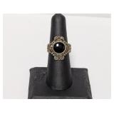 .925 Sterling Marcasite Black Stone Ring Size 7