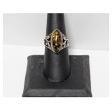 925 Sterl Ornate Amber Floral Ring Sz 8 925 Sterl Ornate Amber Floral Ring Sz 8