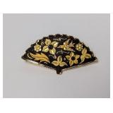 Vtg Fan Shape Floral & Bird Motif on Black Enamel Vtg Fan Shape Floral & Bird Motif on Black Enamel