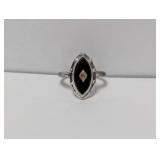 .925 Sterl Marquise Shape Black Stone Ring Sz 7