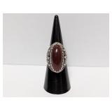.925 Sterl Red Oval Gemstone Filigree Ring Sz 6.5