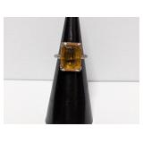 .925 Sterl Rectangular Yellow Gemstone Ring Sz 4