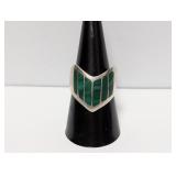 .925 Sterl Inlaid Malachite V Ring Sz 8.5