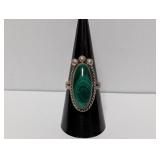 .925 Sterl Oval Malachite Cabochon Stone Ring Sz