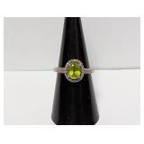 .925 Sterl Ring Green Stone Diamond Halo Sz 7