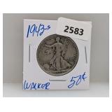 1943-S 90% Silver Walker Half $1 Dollar