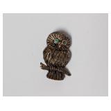 .925 Sterling Silver Owl Green Stone Eyes Brooch
