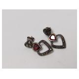 .925 Sterling Marcasite/Red Heart Dangle Earrings