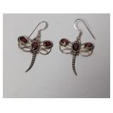 .925 Sterling Red Stone Dragonfly Dangle Earrings
