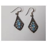 .925 Sterling Blue Stone/Marcasite Dangle