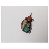 .925 Sterling Silver Turquoise Red Coral Pendant