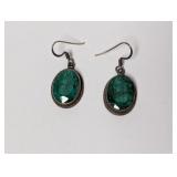 .925 Sterling Silver Green Stone Dangle Earrings
