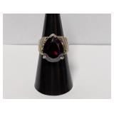 .925 Sterl Red Teardrop/Marcasite Ring Sz 6.5