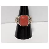 .925 Sterl Red Stone Filigree Ring Sz 9