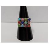 .925 Sterl Vibrant Multicolor Cabochons Ring Sz 8