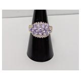 .925 Sterl Purple/Clear Stone Cluster Ring Sz 8
