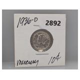 1936-D 90% Silv Mercury Dime