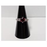 .925 Sterl Red Stone/Diam Ring Sz 7