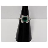 .925 Sterl Square Green Stone Ring Sz 6