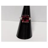 .925 Sterl Cushion Cut Red Stone Ring Sz 6