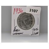 1936 90% Silv Germany 5 Mark