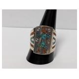 .925 Sterl Vtg Mosaic Turquoise Inlay Ring Sz 12