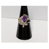 .925 Sterl Purple Stone Floral Motif Ring Sz 7.5